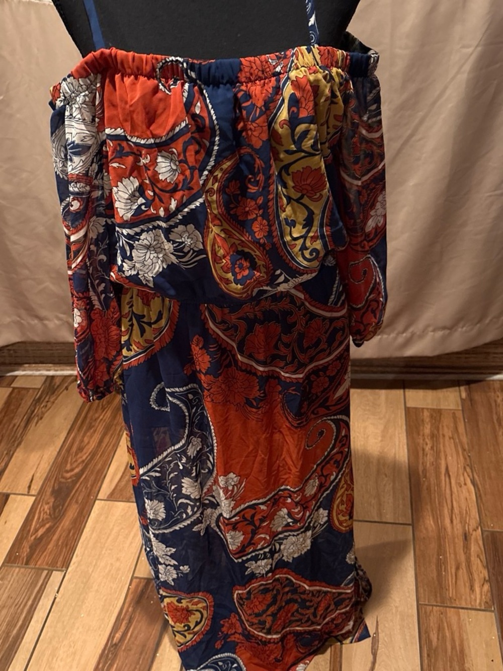 Rue21 Paisley Off-Shoulder Maxi Dress in Navy, Red & Yellow